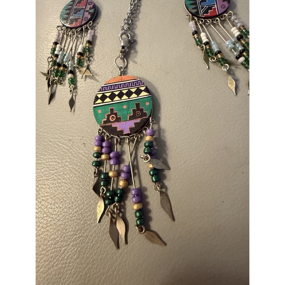 Southwest Western Aztec Pattern Drop Dangle Beaded Earrings & Necklace #430 - Picture 2 of 6